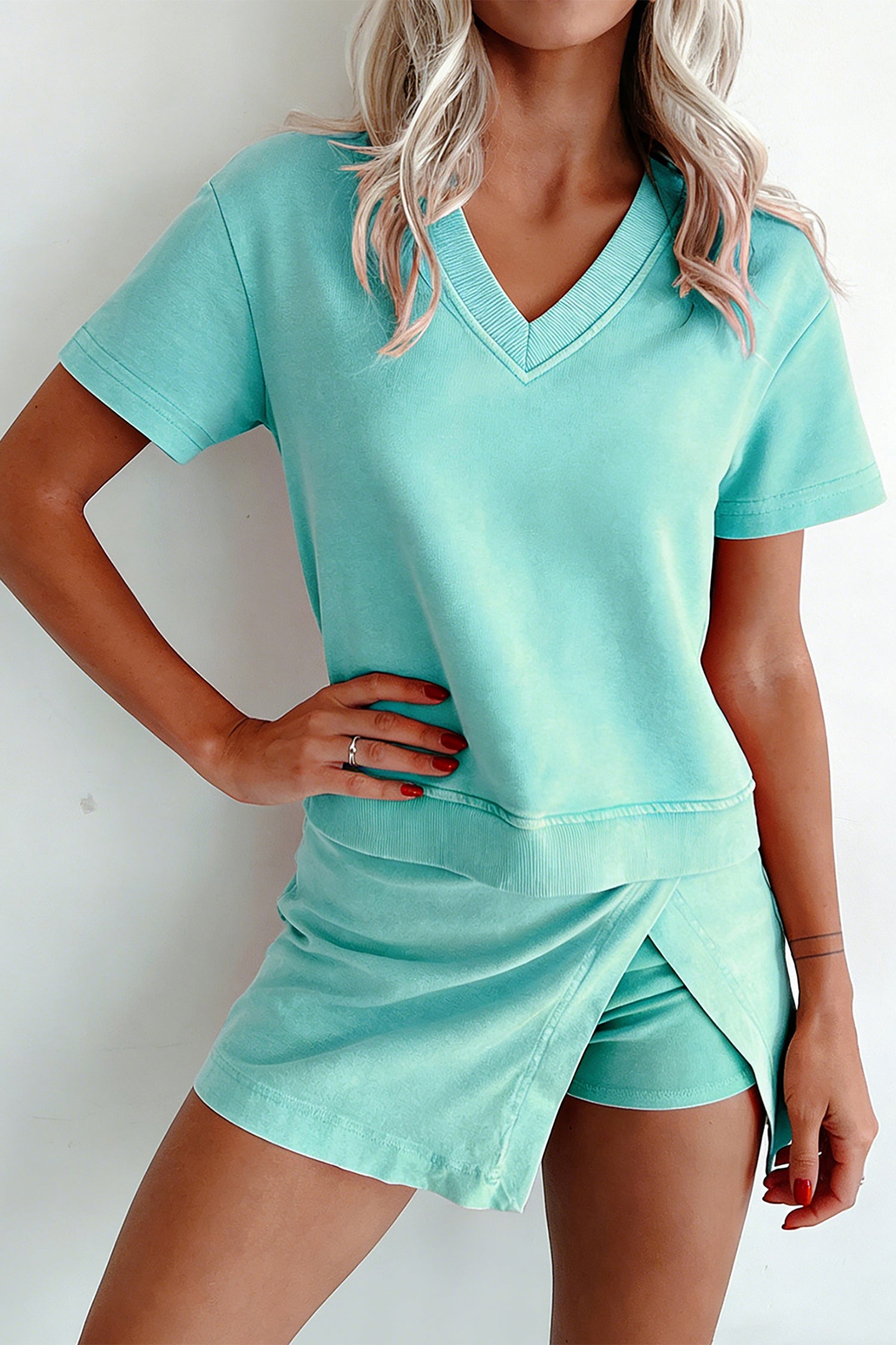 Light Pink Mineral Wash V Neck Tee Matching Skort Set-Two Piece Sets/Two Piece Dresses-[Adult]-[Female]-2022 Online Blue Zone Planet