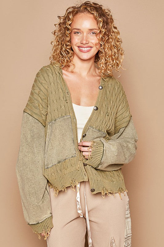 Blue Zone Planet | POL Distressed Hem Button Up Hooded Cardigan-Tops / Dresses-[Adult]-[Female]-Olive-S-2022 Online Blue Zone Planet