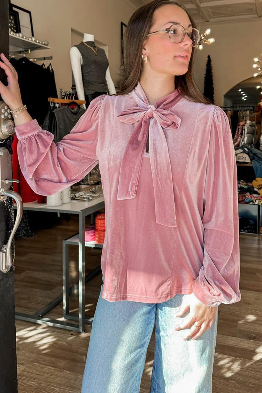 Fushia Solid Color Velvet Ribbon Bow Knot Long Sleeve Blouse-Tops/Blouses & Shirts-[Adult]-[Female]-2022 Online Blue Zone Planet