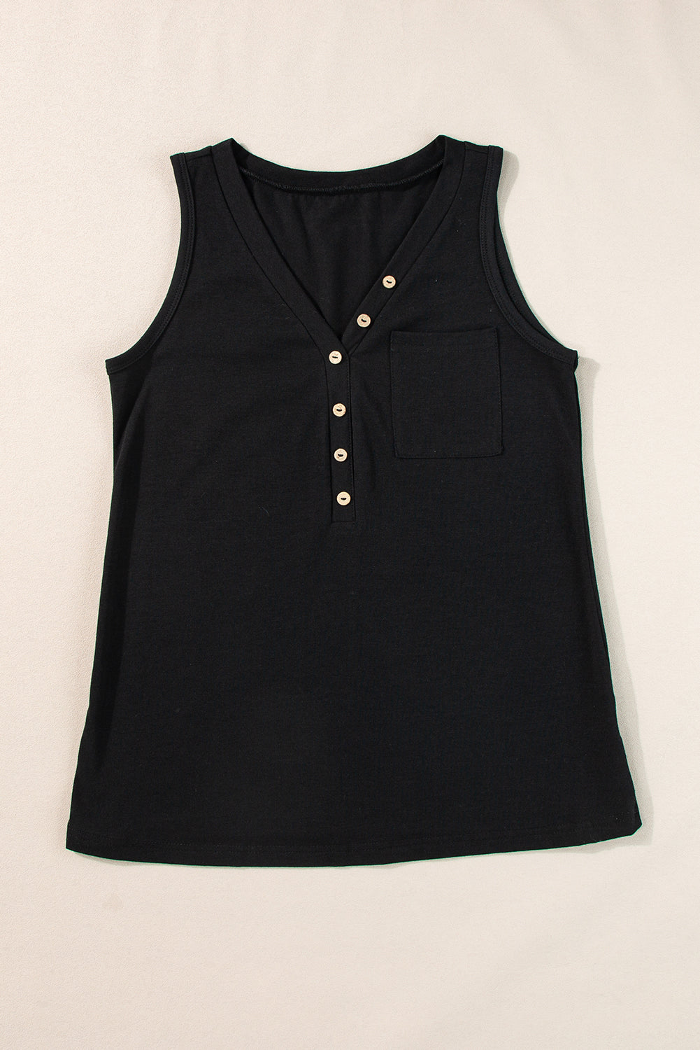 Black Half Button V Neck Patched Pocket Tank Top-Tops/Tank Tops-[Adult]-[Female]-2022 Online Blue Zone Planet