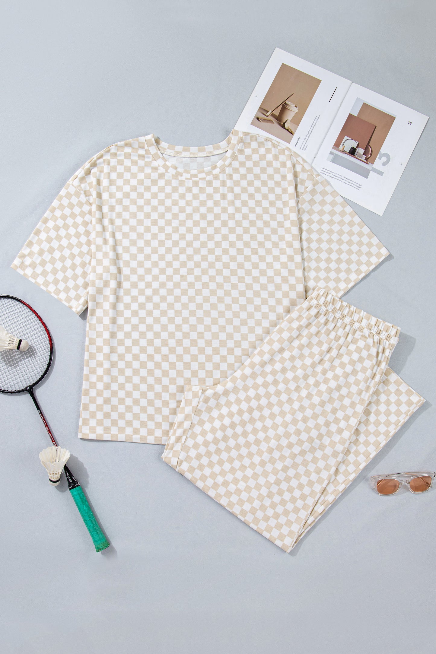 Khaki Plus Size Checkered Print Half Sleeve Tee Loose Pants Two-piece Lounge Set-Plus Size/Plus Size Bottoms-[Adult]-[Female]-2022 Online Blue Zone Planet