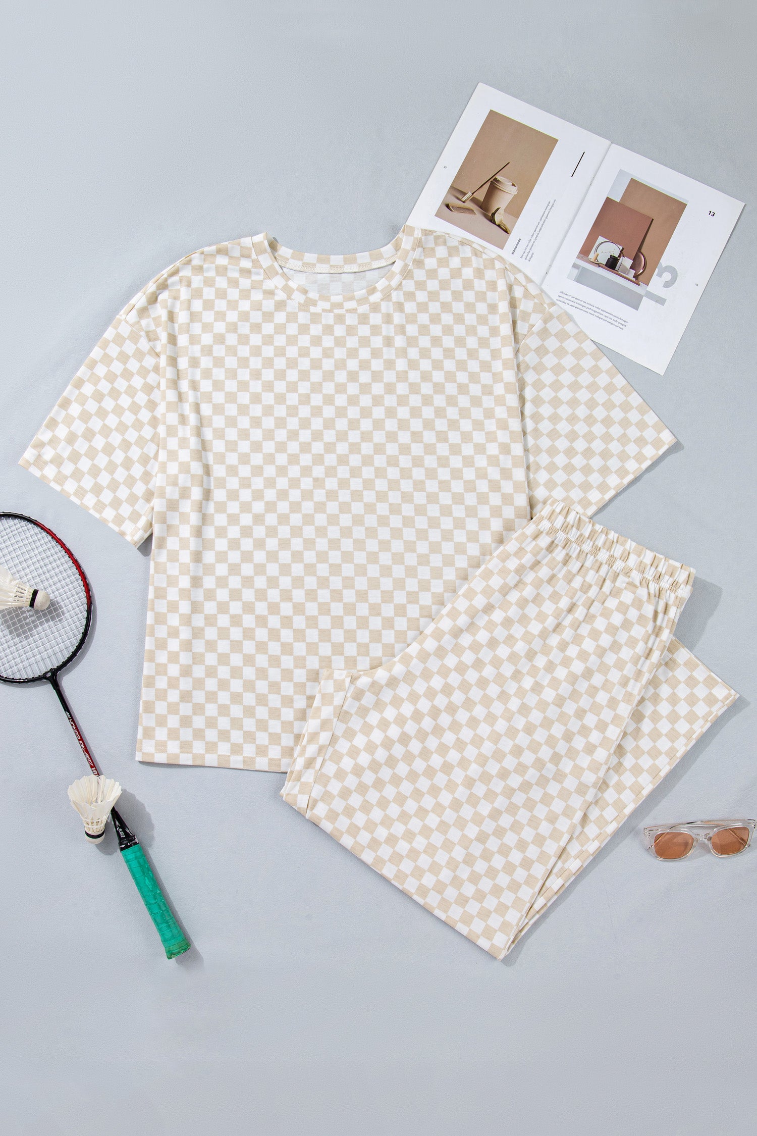 Khaki Plus Size Checkered Print Half Sleeve Tee Loose Pants Two-piece Lounge Set-Plus Size/Plus Size Bottoms-[Adult]-[Female]-2022 Online Blue Zone Planet
