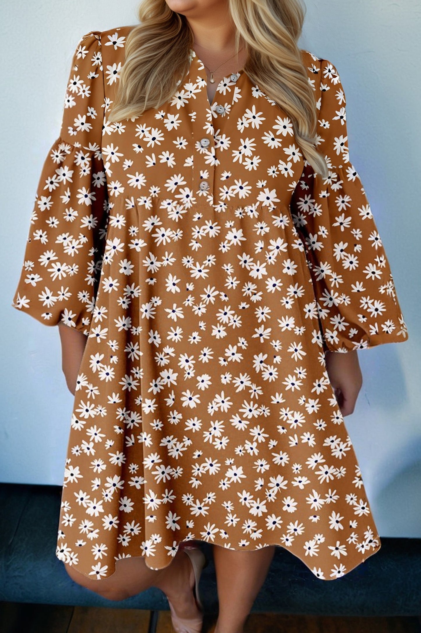 Khaki Plus Size Daisy Floral Print Button Split Neck Puff Sleeve Dress-TOPS / DRESSES-[Adult]-[Female]-Khaki-1X-2022 Online Blue Zone Planet