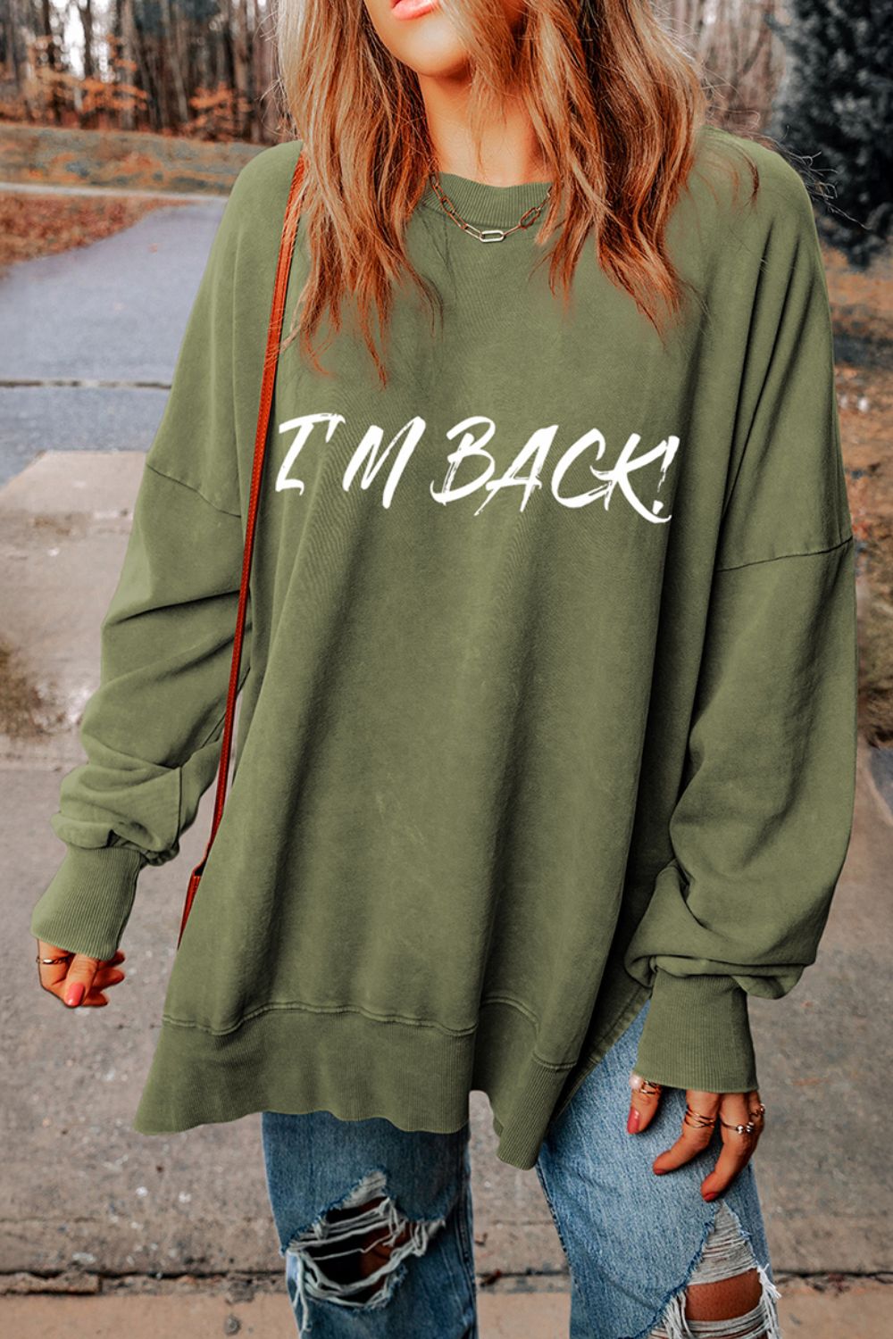 I'M BACK Round Neck Dropped Shoulder Sweatshirt-TOPS / DRESSES-[Adult]-[Female]-2022 Online Blue Zone Planet