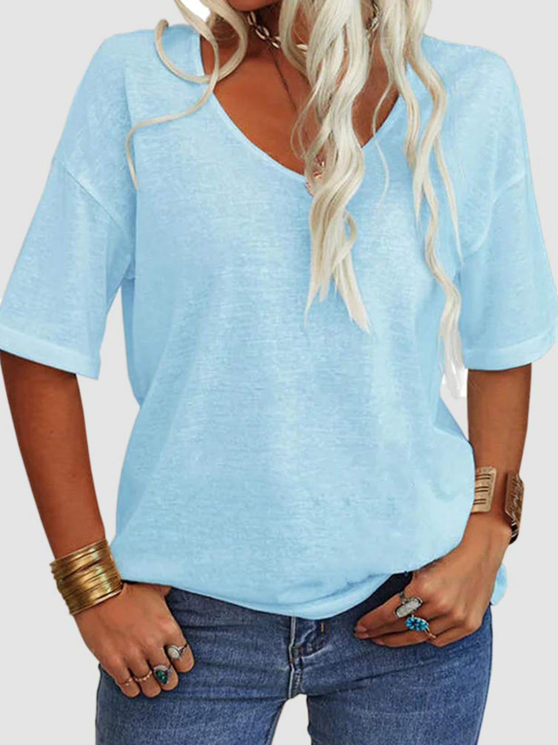 V-Neck Dropped Shoulder Half Sleeve T-Shirt-TOPS / DRESSES-[Adult]-[Female]-Pastel Blue-S-2022 Online Blue Zone Planet