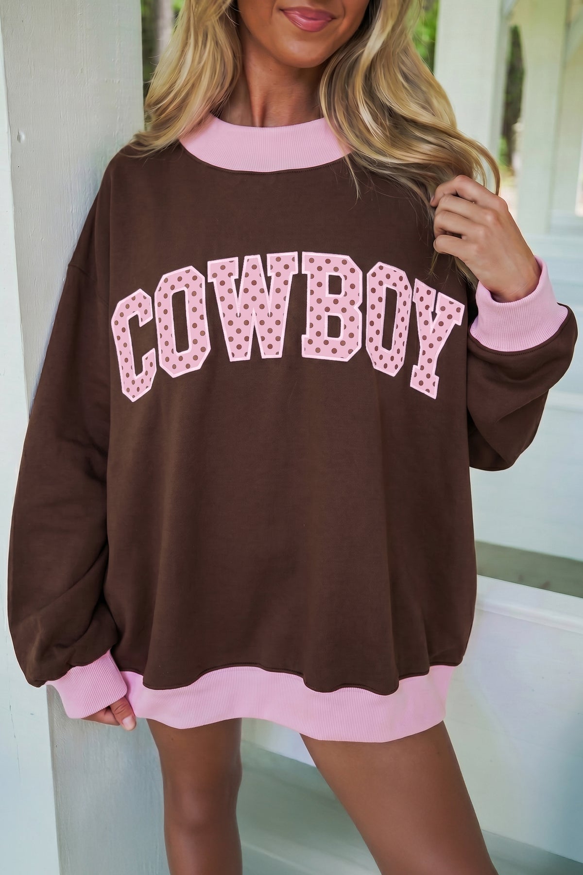 Pink Polka Dot Letter Graphic Colorblock Tunic Sweatshirt-Tops/Sweatshirts & Hoodies-[Adult]-[Female]-2022 Online Blue Zone Planet