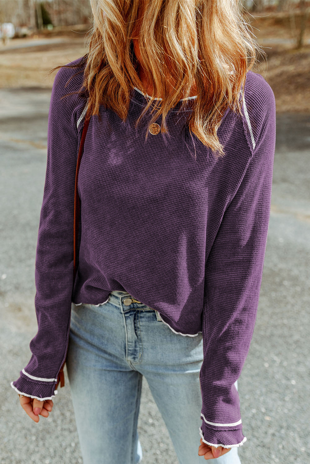 Tillandsia Purple Textured Round Neck Long Sleeve Top-Tops/Long Sleeve Tops-[Adult]-[Female]-Tillandsia Purple-S-2022 Online Blue Zone Planet
