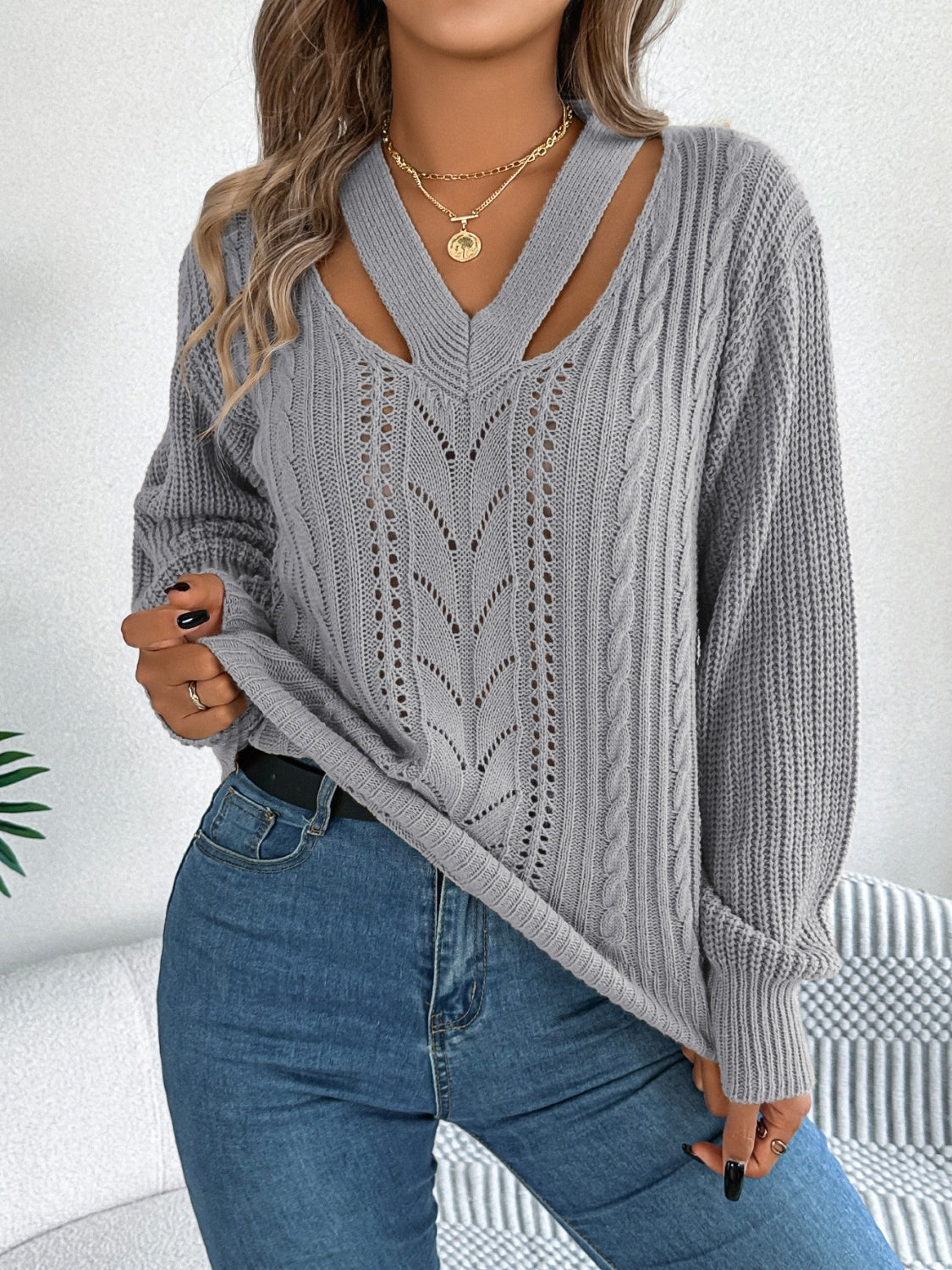 Cutout V-Neck Long Sleeve Sweater-TOPS / DRESSES-[Adult]-[Female]-Gray-S-2022 Online Blue Zone Planet