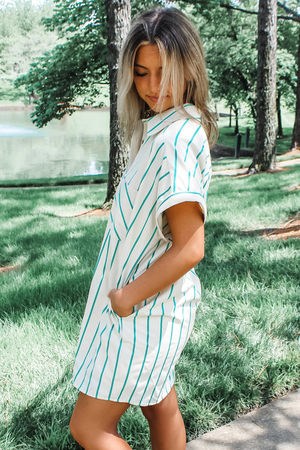 Blue Zone Planet | Mint Green Striped Pocket Short Sleeve Mini Dress-TOPS / DRESSES-[Adult]-[Female]-2022 Online Blue Zone Planet