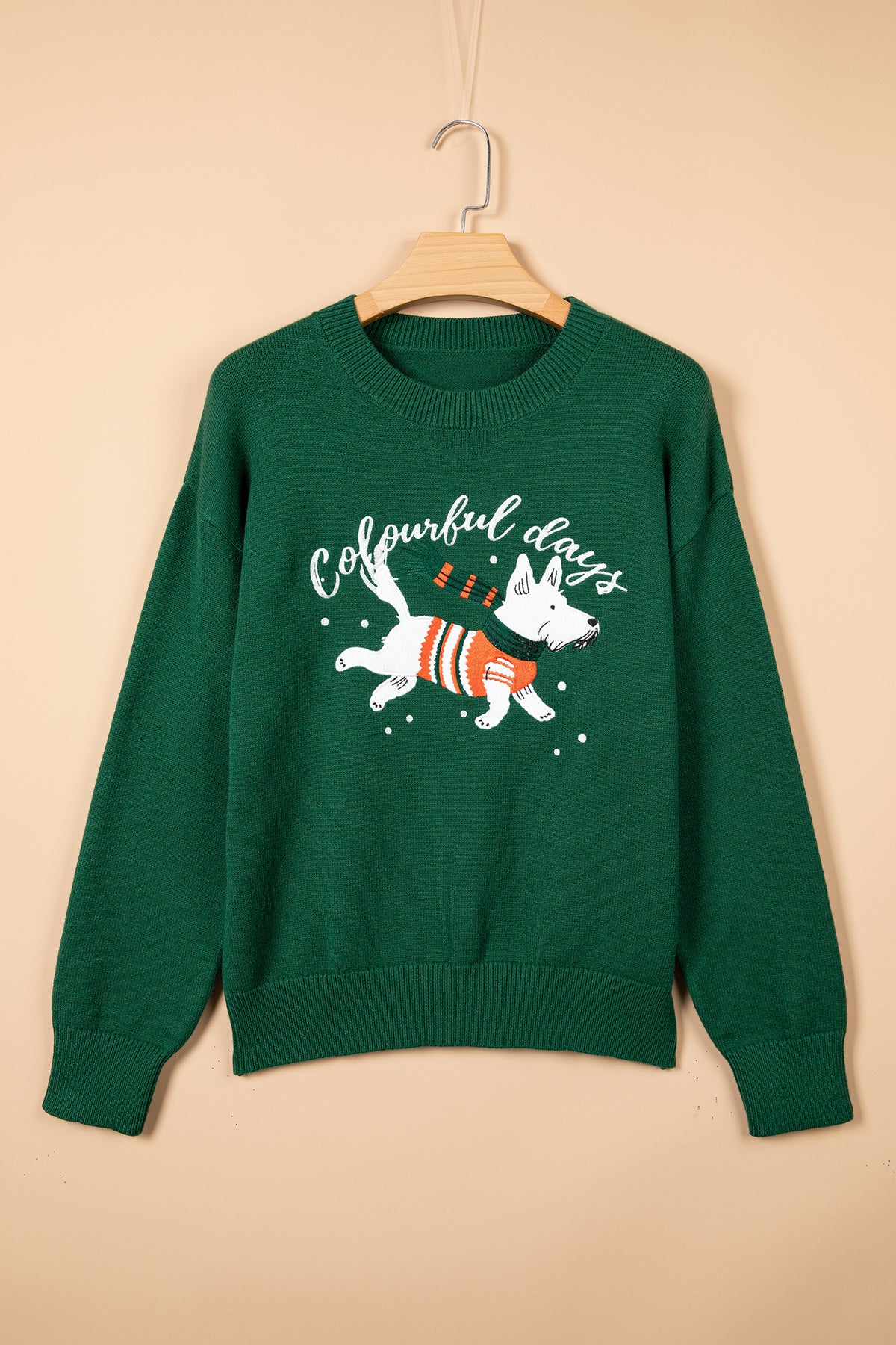 Blackish Green Abstract Dog Embroidery Christmas Fashion Round Neck Sweater