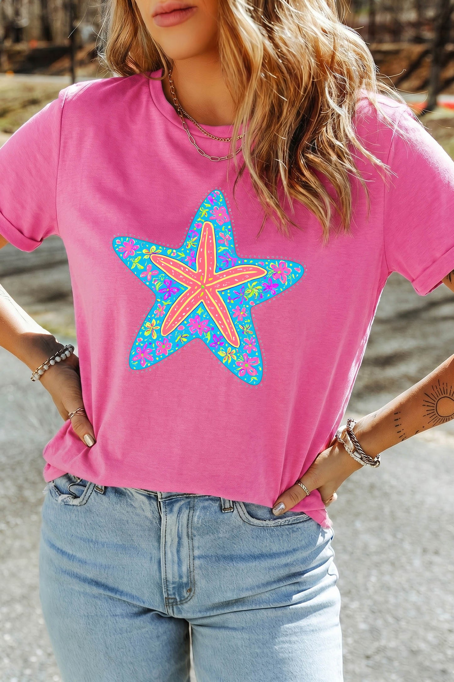 Sachet Pink Floral Starfish Printed Casual Round Neck Tee