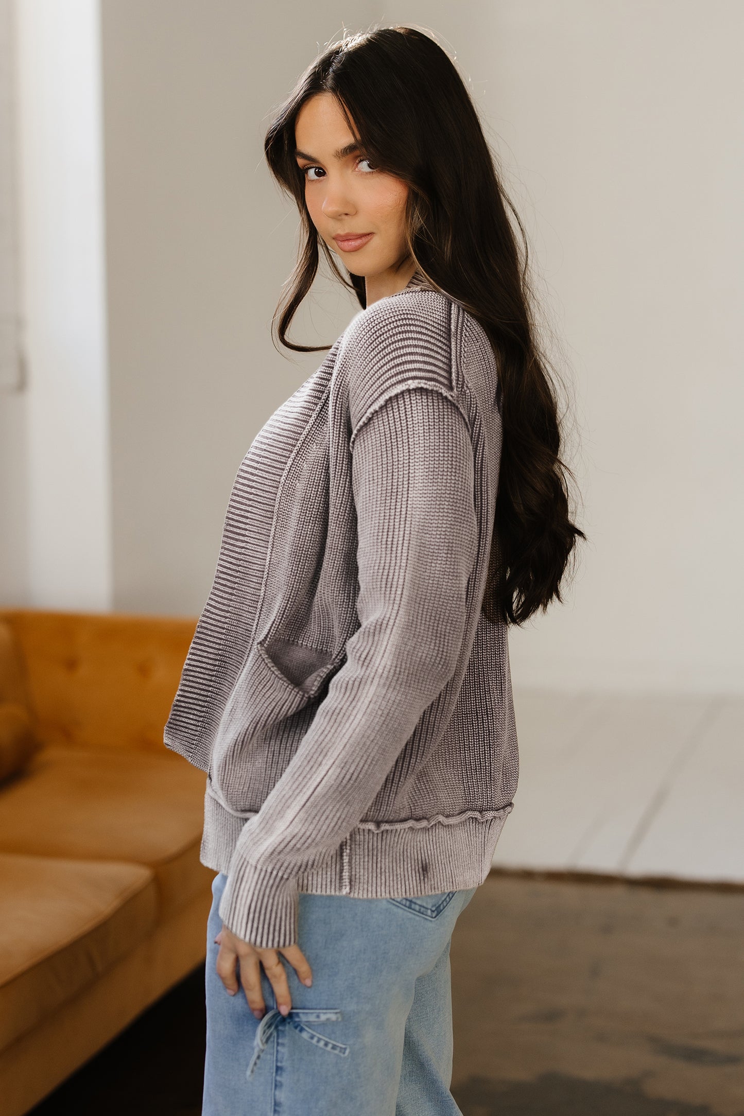 Dark Brown Mineral Wash Exposed Seam Patchwork Knit Open Sweater Cardigan-TOPS / DRESSES-[Adult]-[Female]-2022 Online Blue Zone Planet