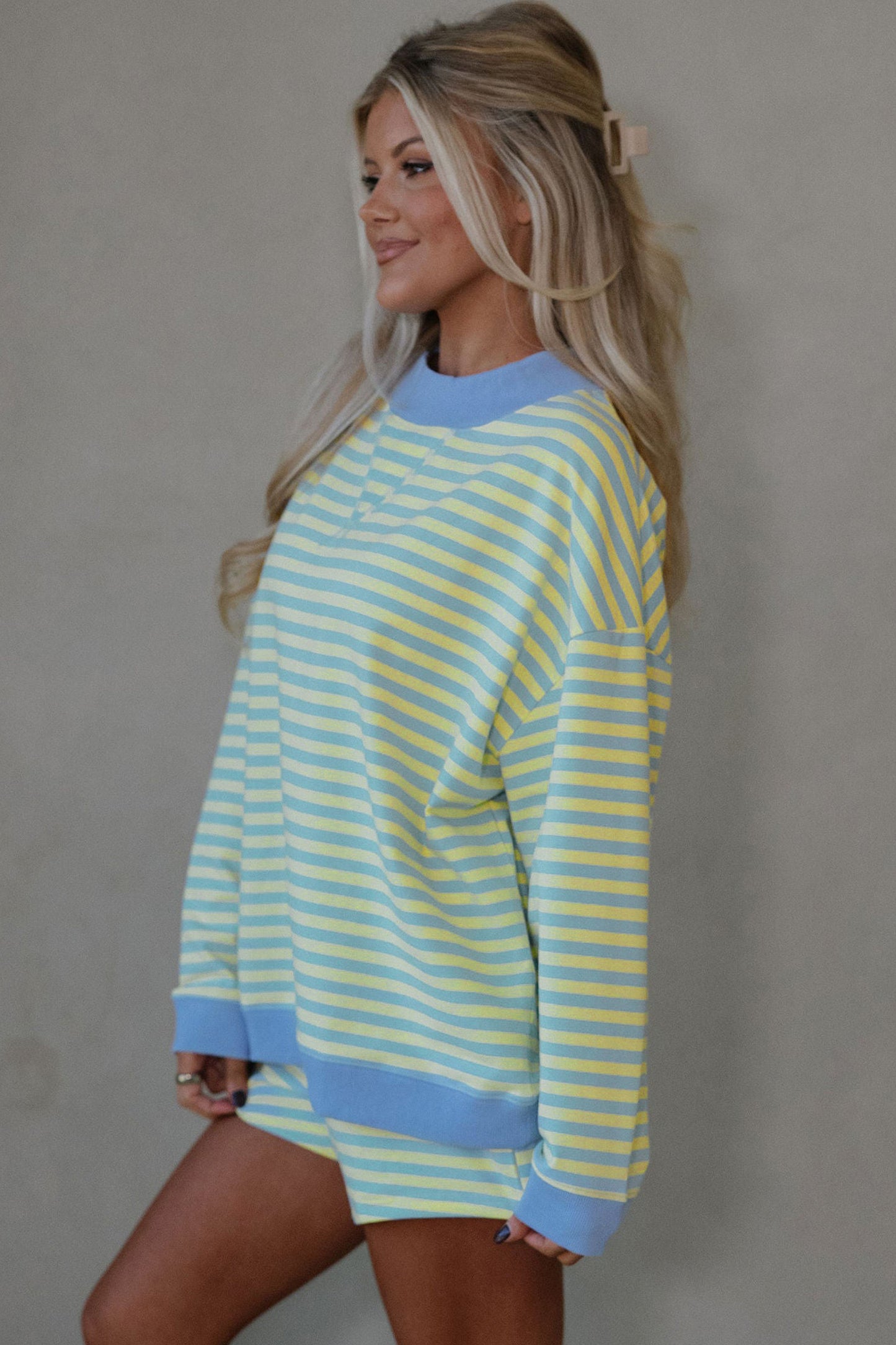Yellow Stripe Color Block Detail Long Sleeve Pullover Elastic Waist Pull On Shorts 2pcs Set-Two Piece Sets/Short Sets-[Adult]-[Female]-2022 Online Blue Zone Planet