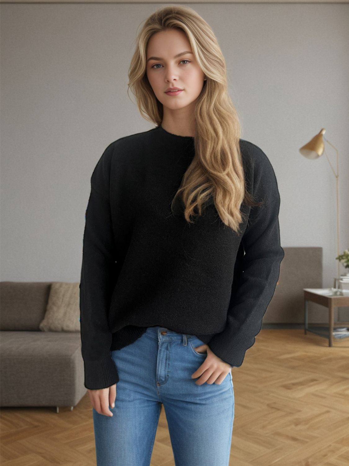 Blue Zone Planet | Round Neck Drop Shoulder Long Sleeve Sweater-TOPS / DRESSES-[Adult]-[Female]-2022 Online Blue Zone Planet