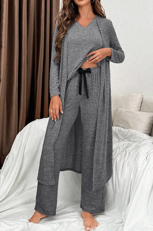 Dark Grey 3pcs V Neck T Shirt Ribbon Knot Pants Open Duster 3pcs Lounge Set-Loungewear & Sleepwear/Loungewear-[Adult]-[Female]-Dark Grey-S-2022 Online Blue Zone Planet