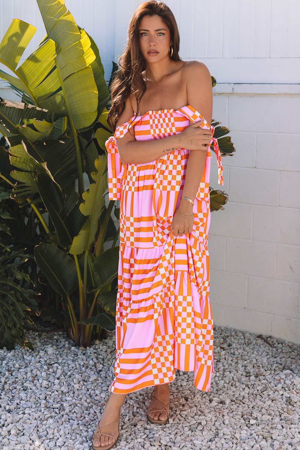 Pink Boho Gingham Tied Straps Smocked Maxi Dress-Dresses/Maxi Dresses-[Adult]-[Female]-2022 Online Blue Zone Planet
