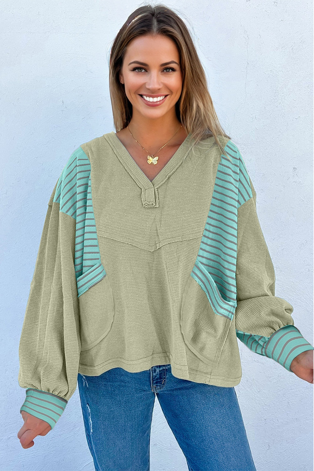 Meadow Mist Green Exposed Seam Waffle Striped Patchwork Baggy Pullover-Tops/Long Sleeve Tops-[Adult]-[Female]-2022 Online Blue Zone Planet