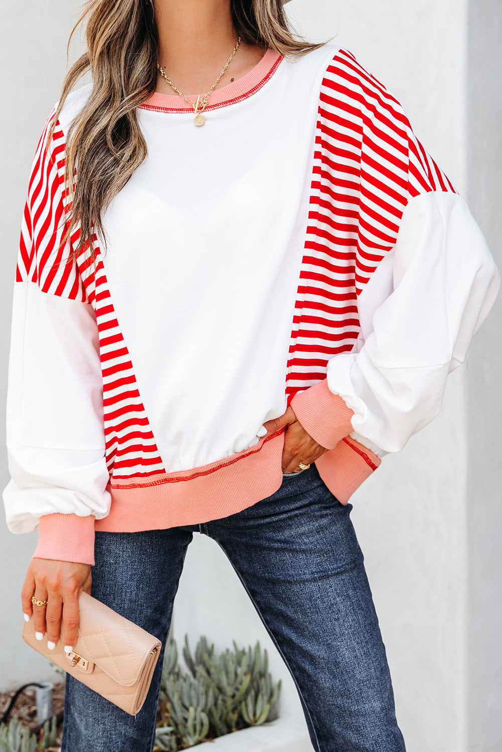 Red Stripe Colorblock Patchwork Contrast Stitching Oversize Sweatshirt-Tops/Sweatshirts & Hoodies-[Adult]-[Female]-2022 Online Blue Zone Planet