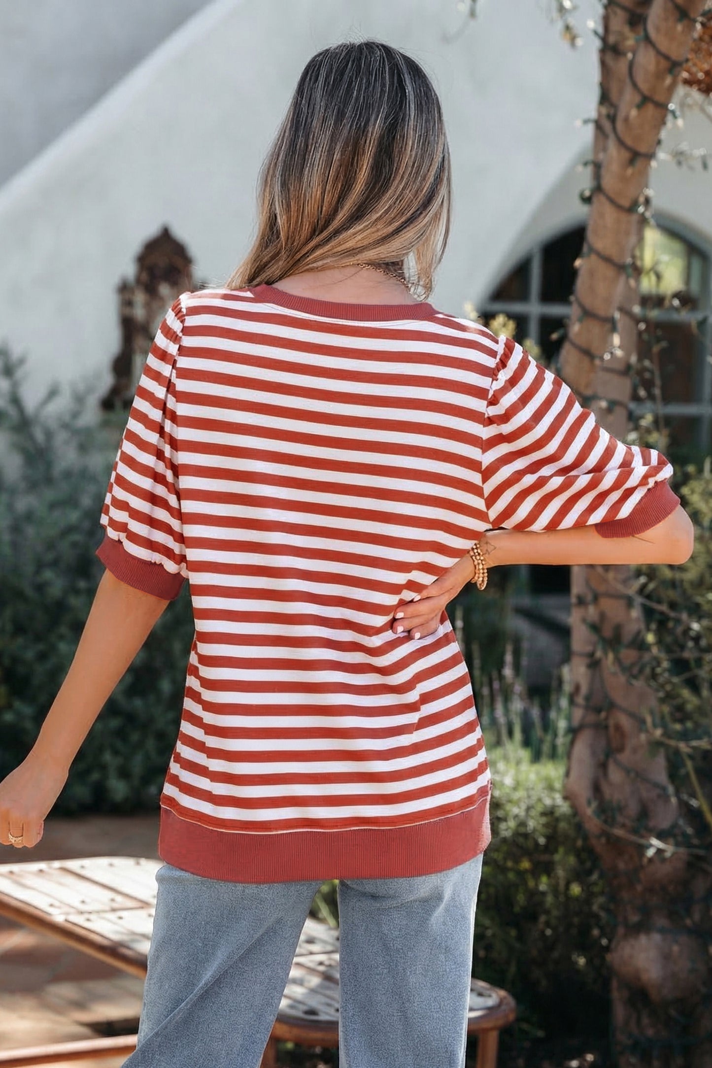 Orange Stripe Short Bubble Sleeve T Shirt-Tops/Tops & Tees-[Adult]-[Female]-2022 Online Blue Zone Planet
