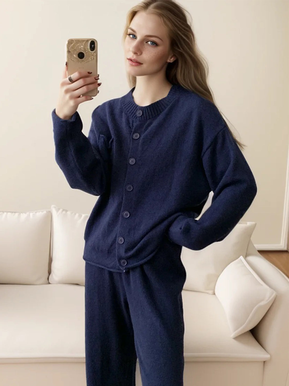 Pocketed Round Neck Button Up Cardigan and Pants Sweater Set-TOPS / DRESSES-[Adult]-[Female]-Dark Blue-One Size-2022 Online Blue Zone Planet