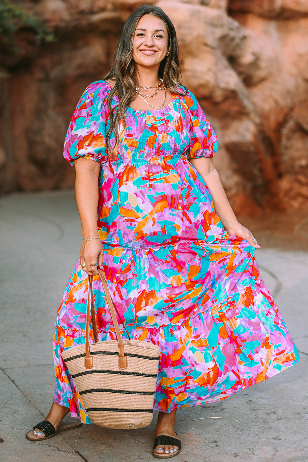 Blue Zone Planet | Multicolour Plus Size Floral Smocked Puff Sleeve Maxi Dress-TOPS / DRESSES-[Adult]-[Female]-2022 Online Blue Zone Planet