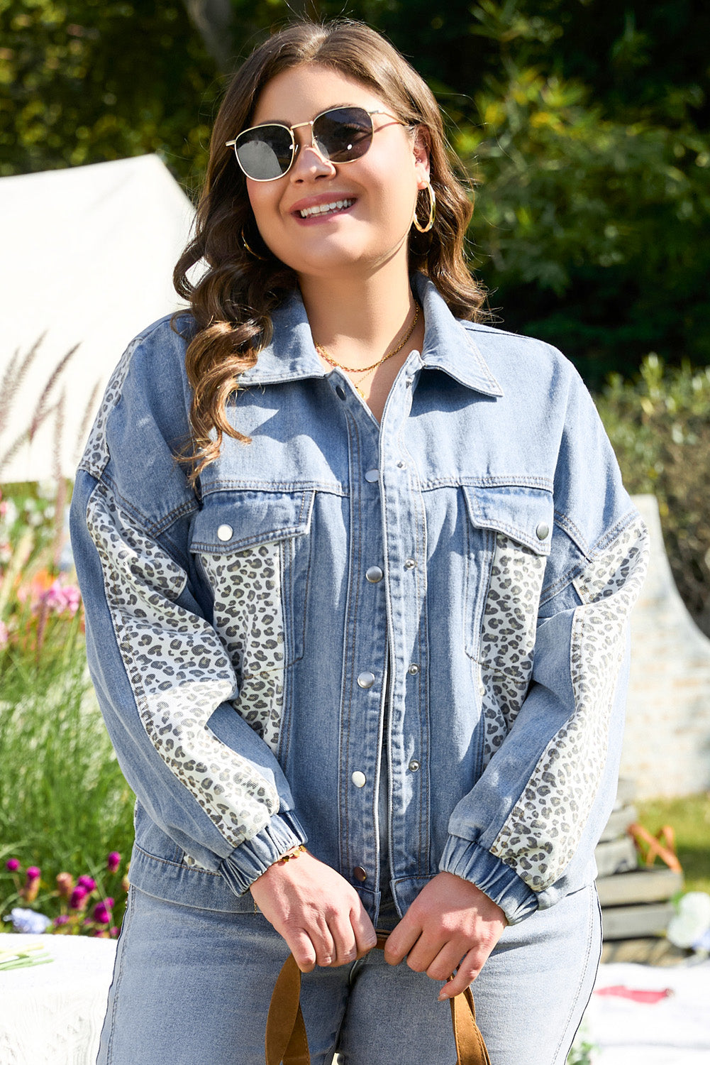 Blue Zone Planet | Beau Blue Leopard Patchwork Flap Detail Plus Size Denim Jacket-Plus Size/Plus Size Outerwear-[Adult]-[Female]-2022 Online Blue Zone Planet
