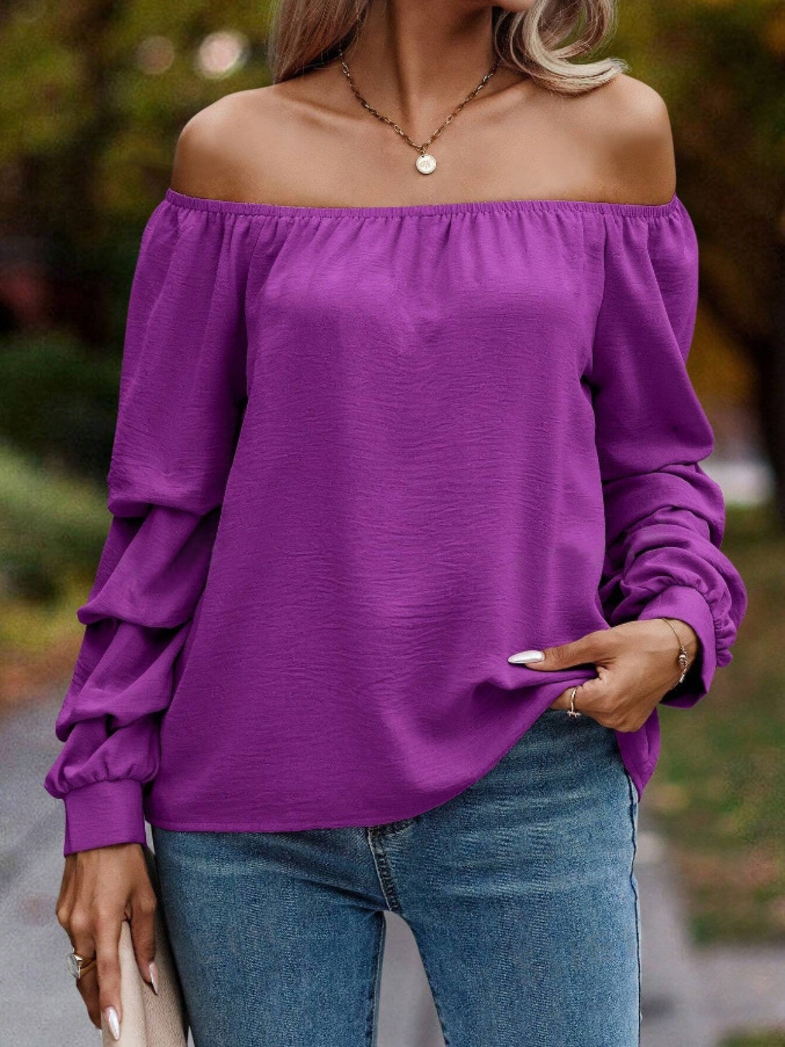 Ruched Off-Shoulder Long Sleeve Blouse-TOPS / DRESSES-[Adult]-[Female]-2022 Online Blue Zone Planet