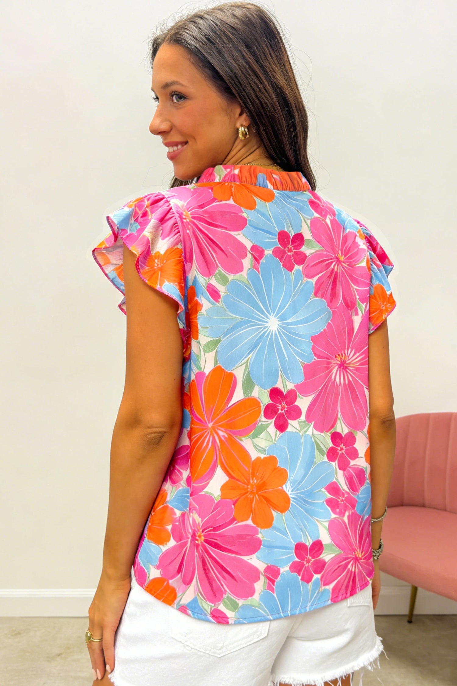 Multicolour Vibrant Flower Printed Tie V Neck Ruffle Trim Sleeveless Blouse-Tops/Blouses & Shirts-[Adult]-[Female]-2022 Online Blue Zone Planet