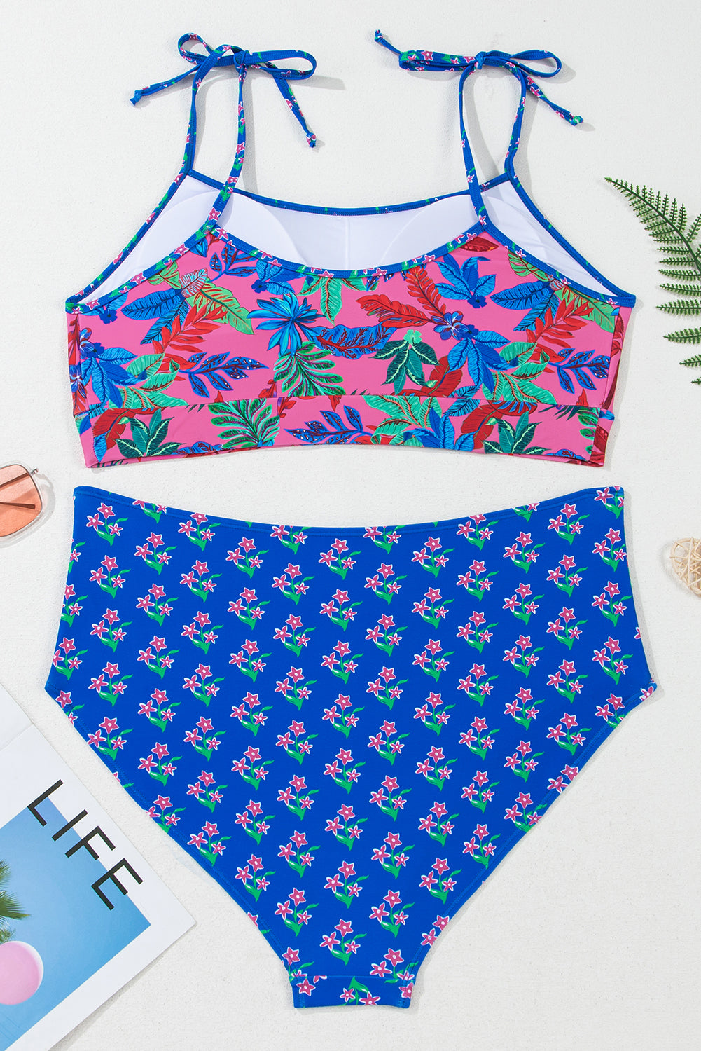 Blue Fashion Print Tied Straps Crop Vest and High Waist Plus Size Bikini-Plus Size/Plus Size Swimwear-[Adult]-[Female]-2022 Online Blue Zone Planet