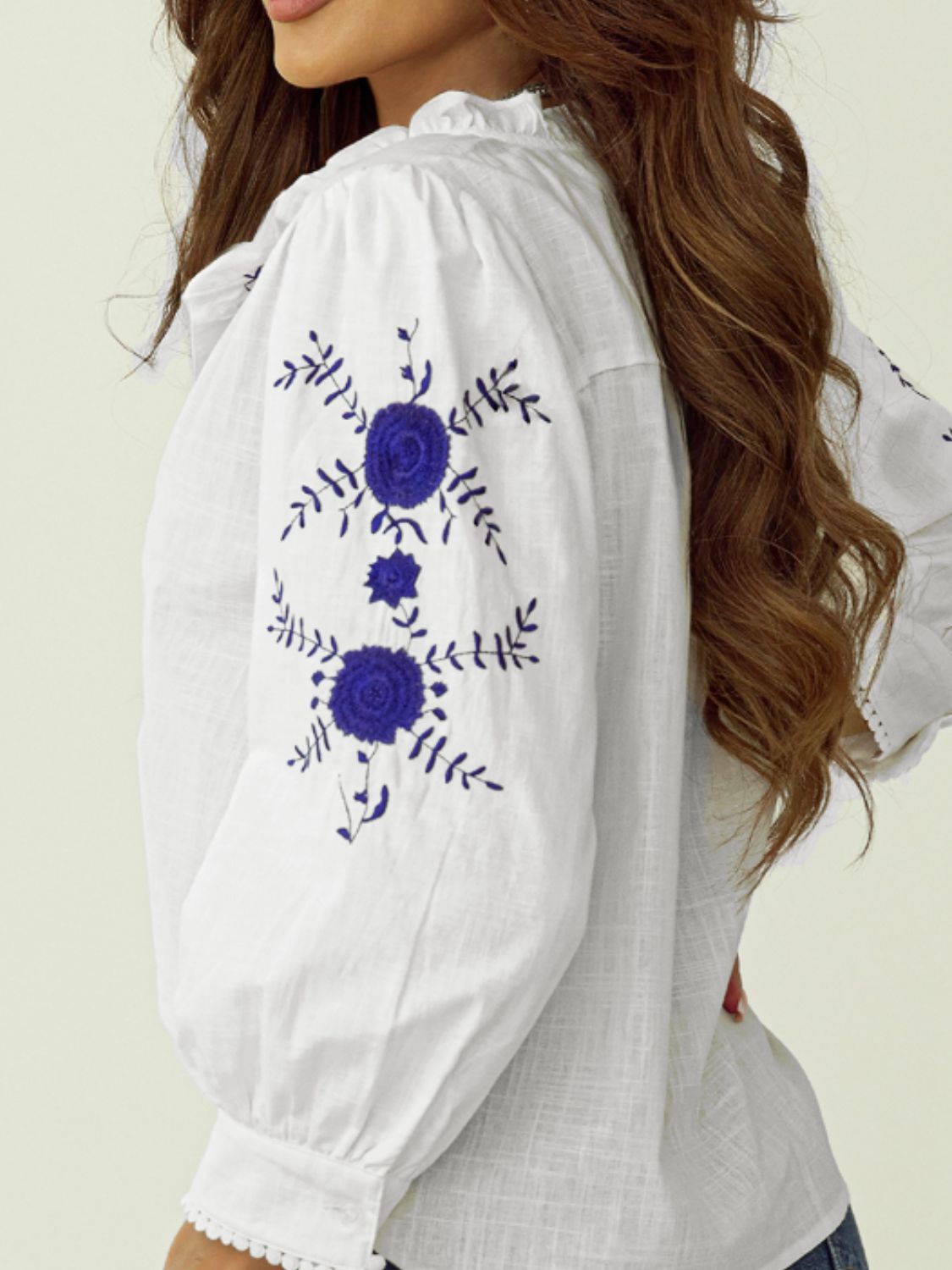 Frill Floral Embroidered Sleeve Shirt-TOPS / DRESSES-[Adult]-[Female]-2022 Online Blue Zone Planet