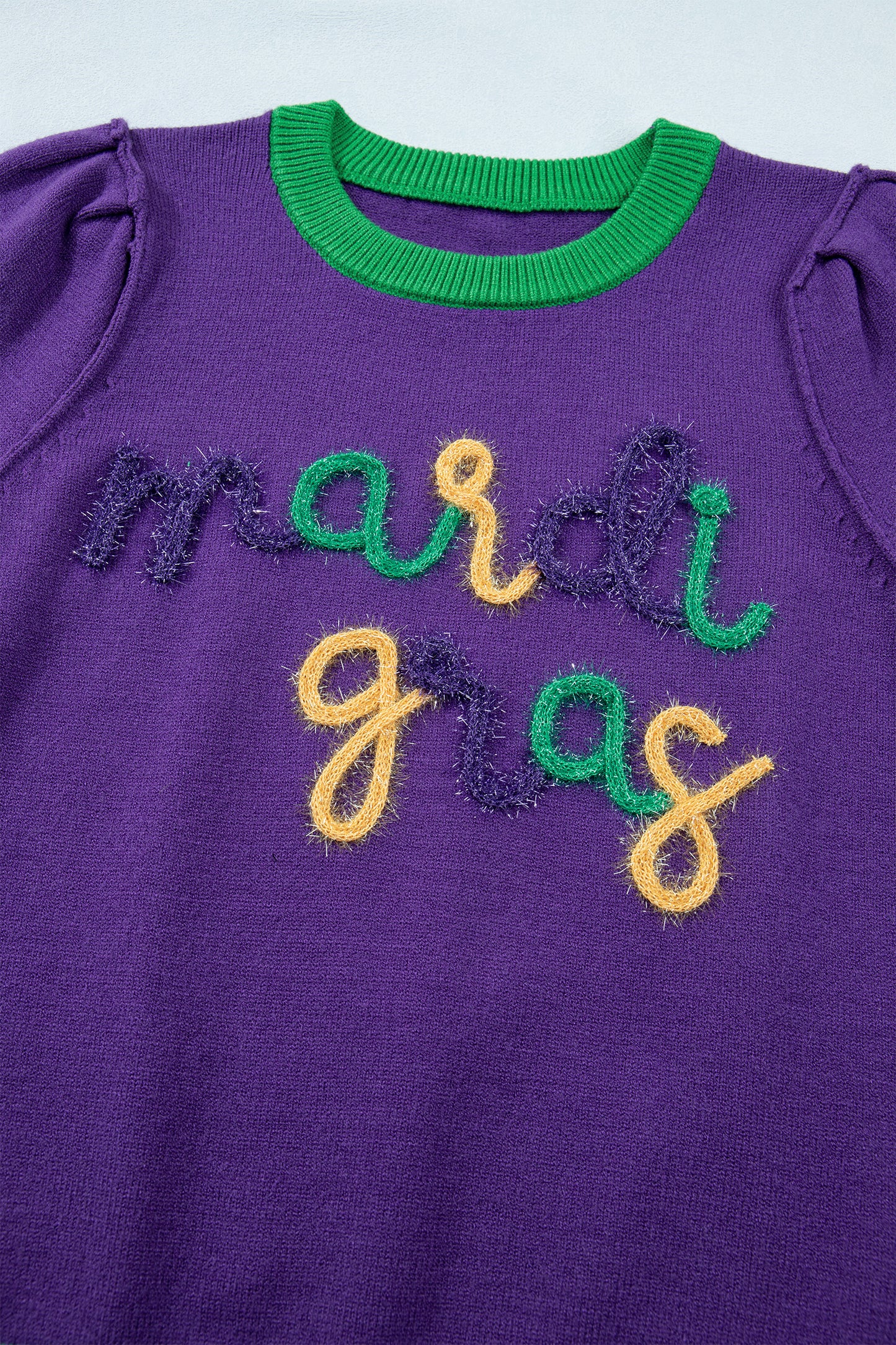 Tillandsia Purple Mardi Gras Tinsel Graphic Short Sleeve Sweater-TOPS / DRESSES-[Adult]-[Female]-2022 Online Blue Zone Planet