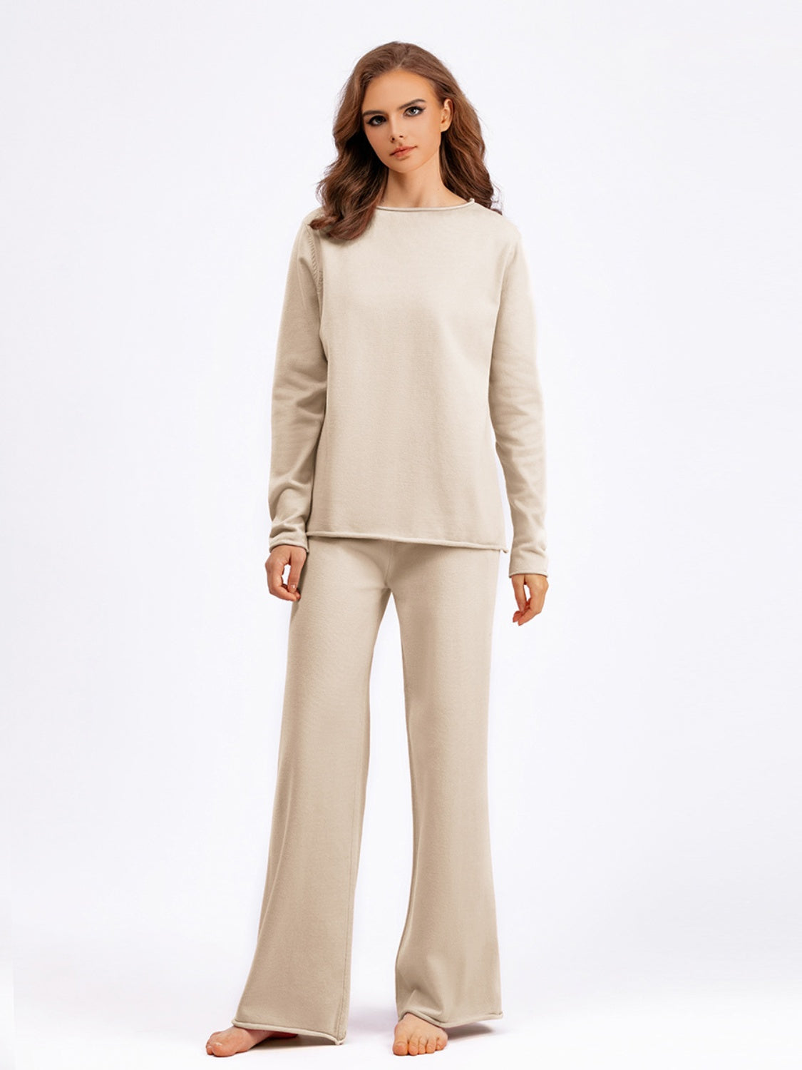 Blue Zone Planet | Basic Bae Rolled Round Neck Top and Pants Sweater Set-TOPS / DRESSES-[Adult]-[Female]-Cream-One Size-2022 Online Blue Zone Planet