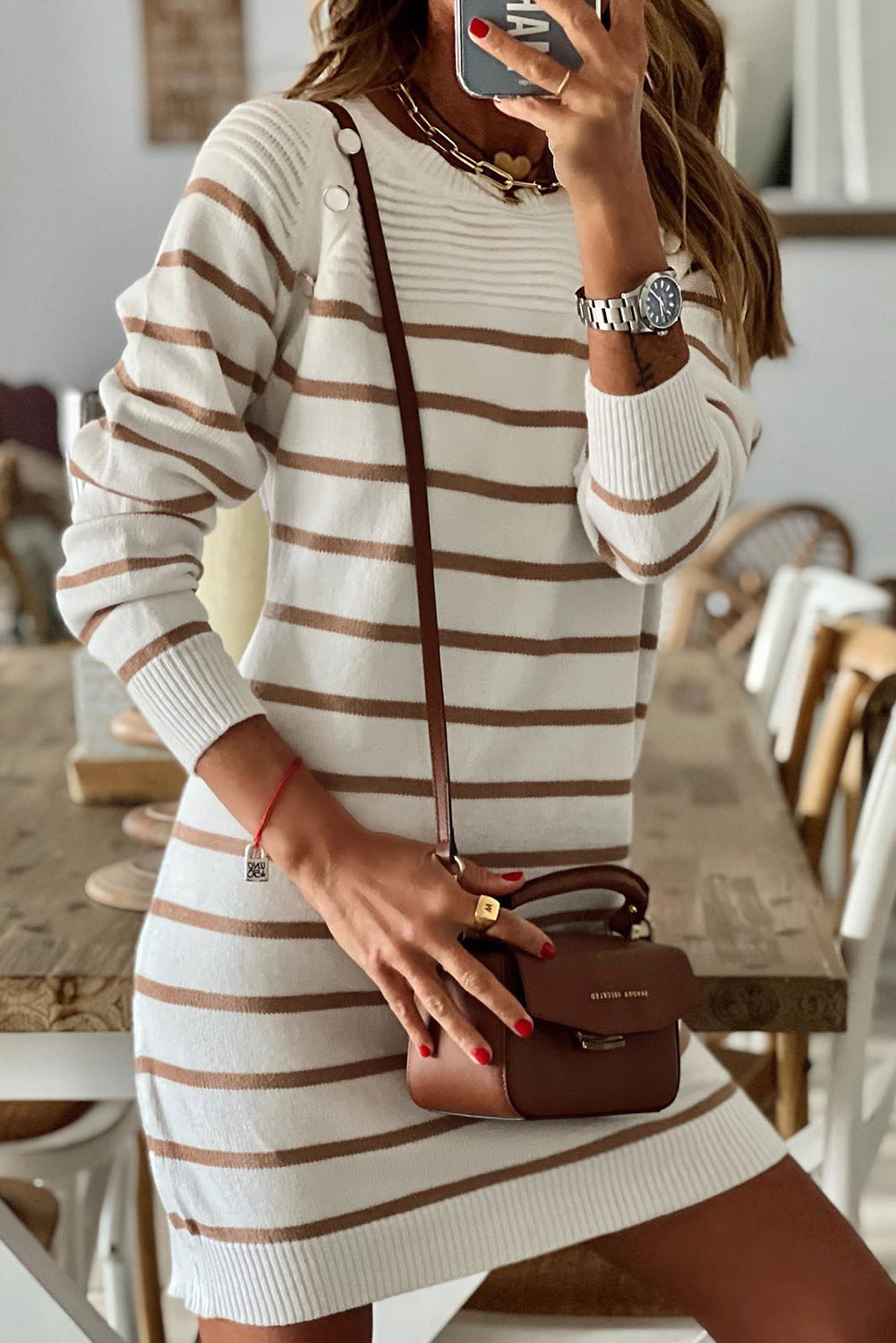 Stripe Button Ribbed Detail Mini Sweater Dress Blue Zone Planet