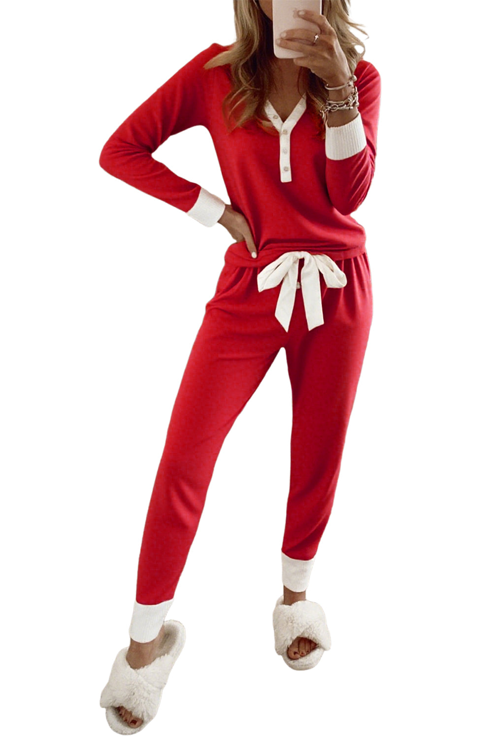 Fiery Red Contrast Trim Button V Neck Knot Waist Pants Pajama Set-Loungewear Set-[Adult]-[Female]-2022 Online Blue Zone Planet