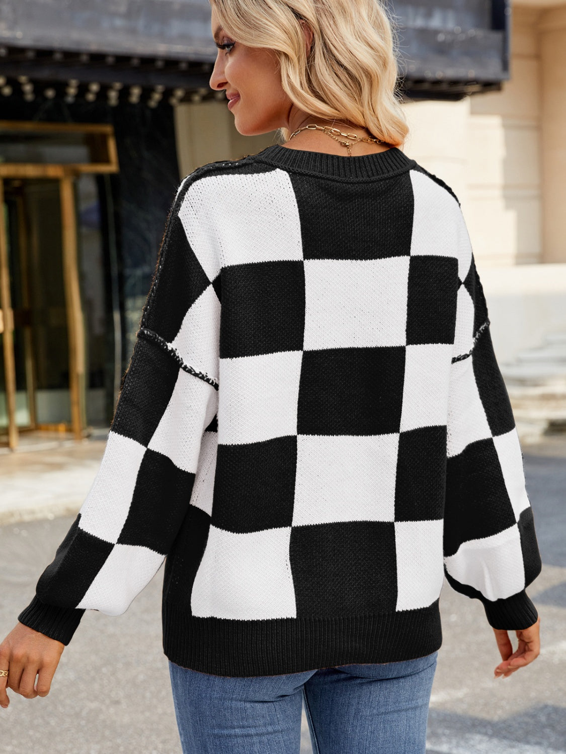 Checkered Round Neck Long Sleeve Sweater-TOPS / DRESSES-[Adult]-[Female]-2022 Online Blue Zone Planet