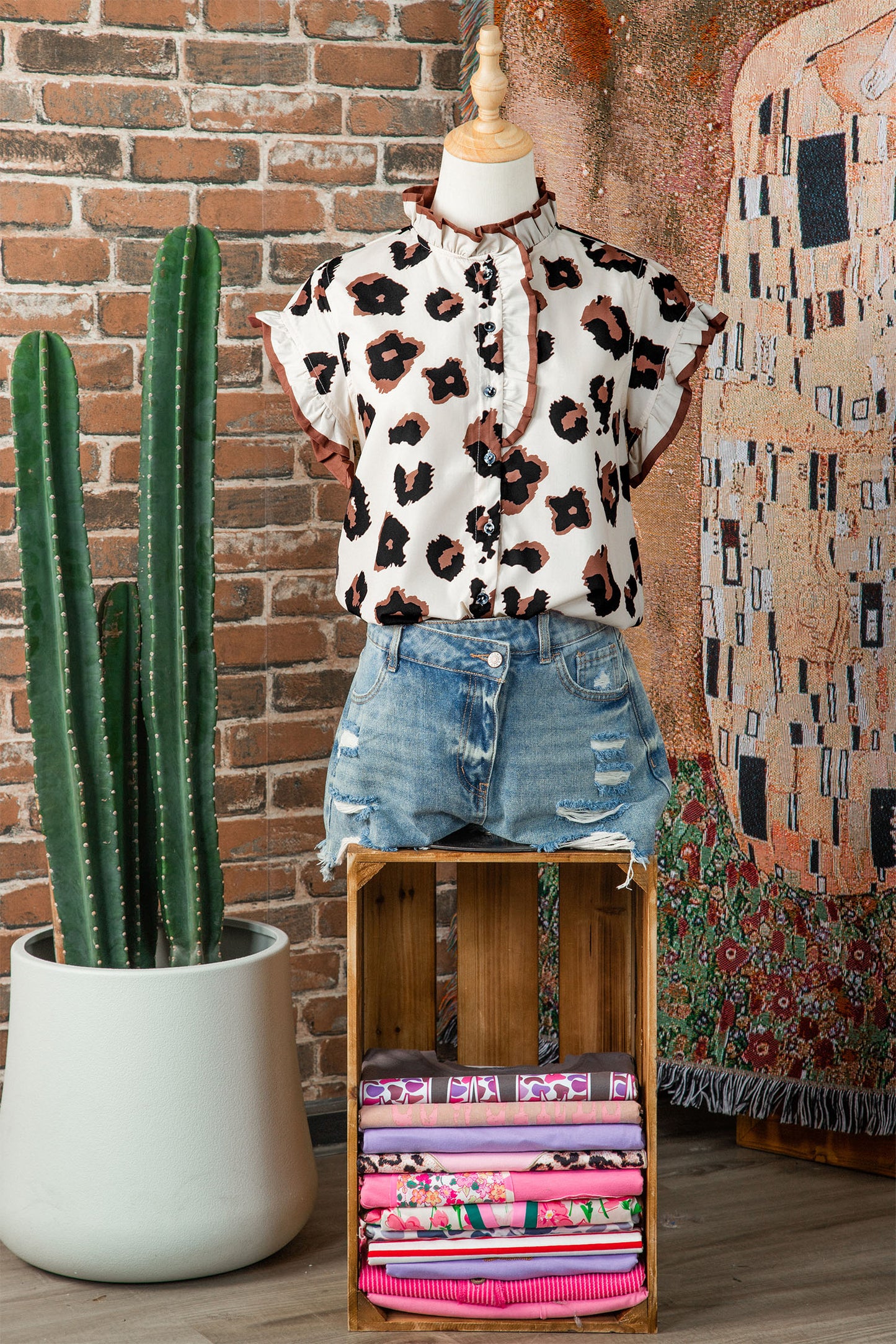 Khaki Leopard Printed Ruffle Sleeve Summer Blouse-Tops/Blouses & Shirts-[Adult]-[Female]-2022 Online Blue Zone Planet