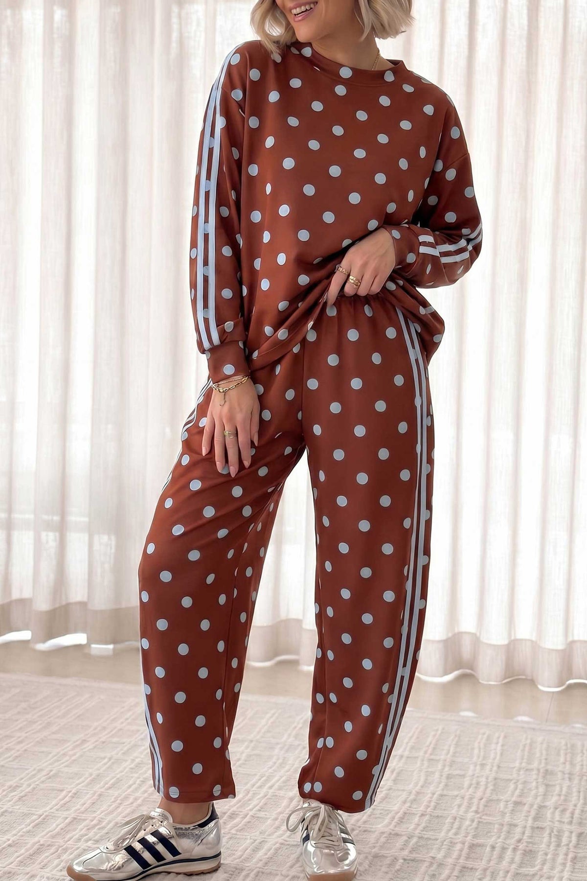 Pink Polka Dot Print Side Stripe Detail Long Sleeve Top Casual Pant Set