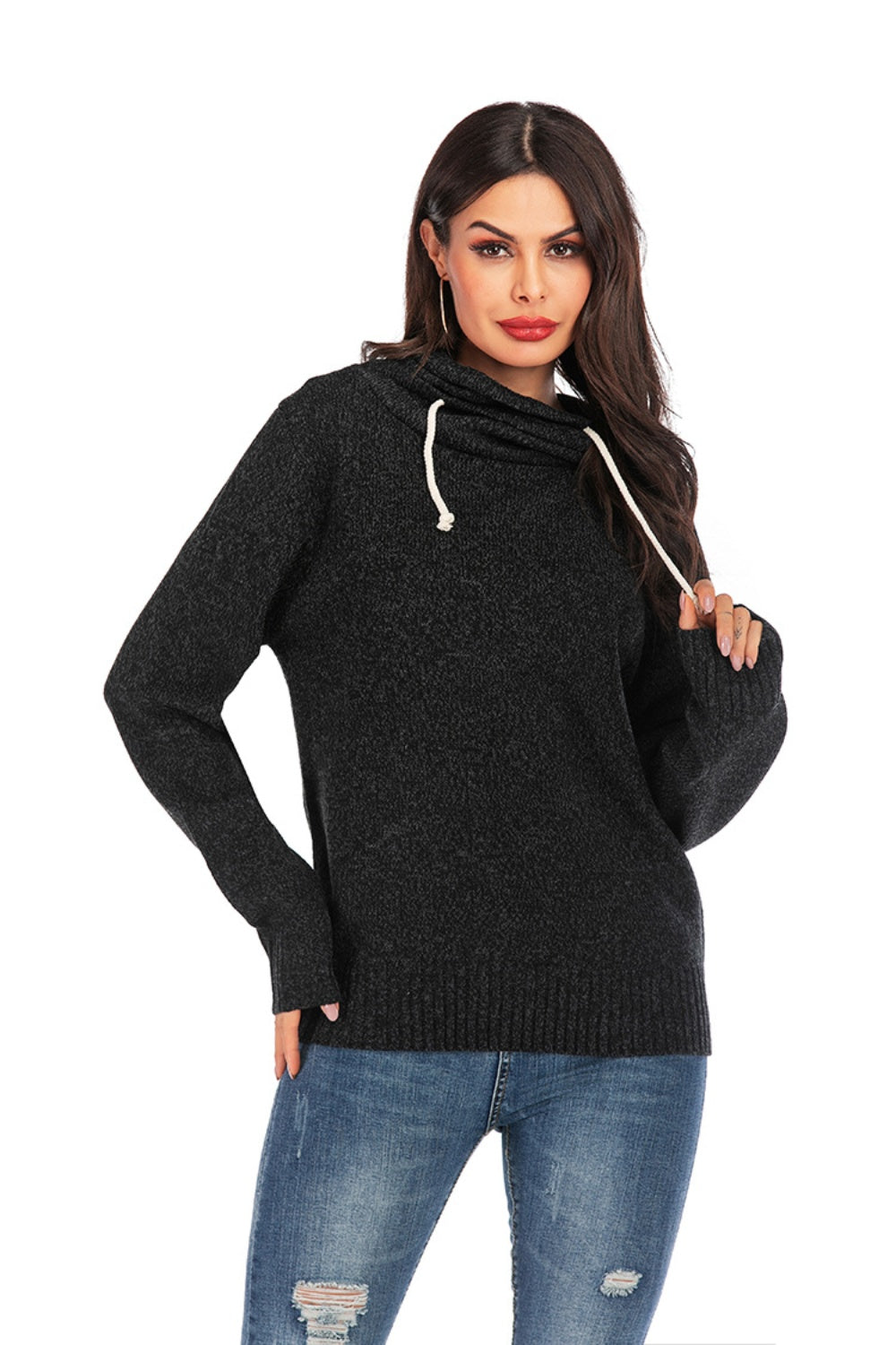 Drawstring Mock Neck Long Sleeve Sweater-TOPS / DRESSES-[Adult]-[Female]-2022 Online Blue Zone Planet