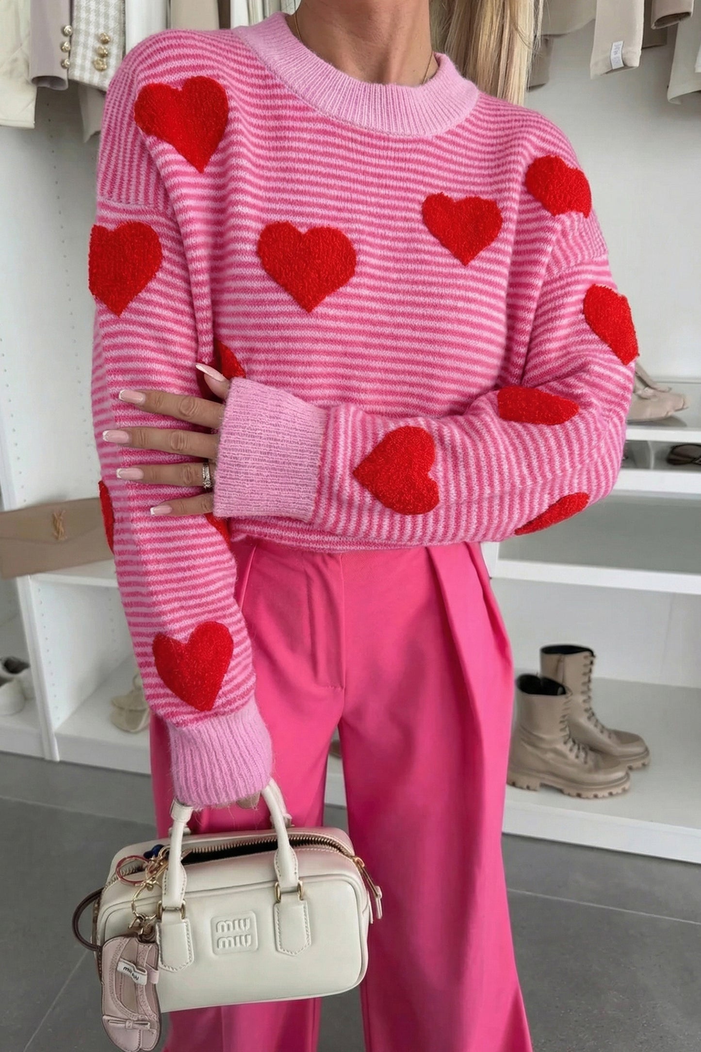 Rose Stripe Contrast Heart Pattern Valentine Knit Sweater-TOPS / DRESSES-[Adult]-[Female]-Rose Stripe-S-2022 Online Blue Zone Planet