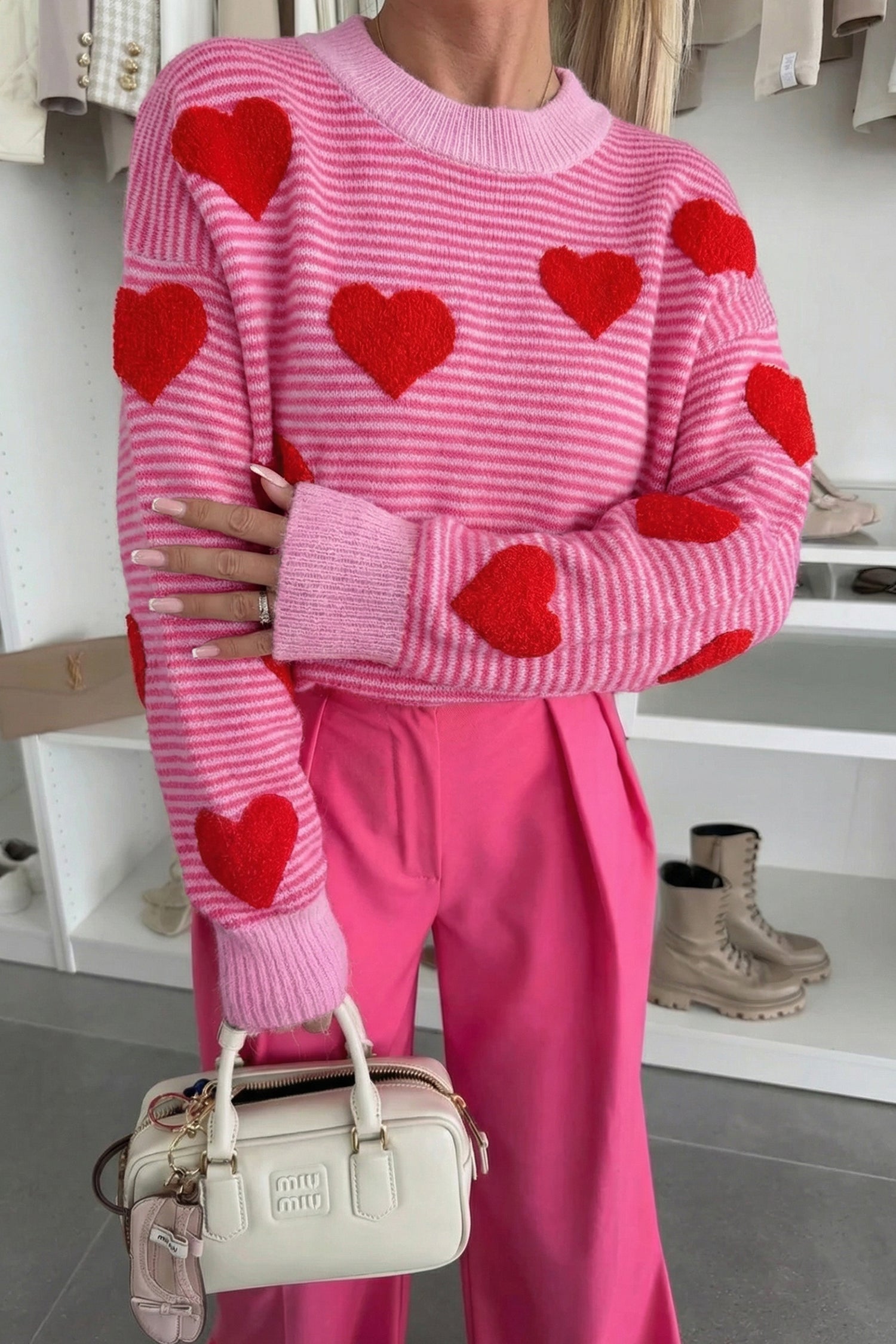 Rose Stripe Contrast Heart Pattern Valentine Knit Sweater-TOPS / DRESSES-[Adult]-[Female]-Rose Stripe-S-2022 Online Blue Zone Planet
