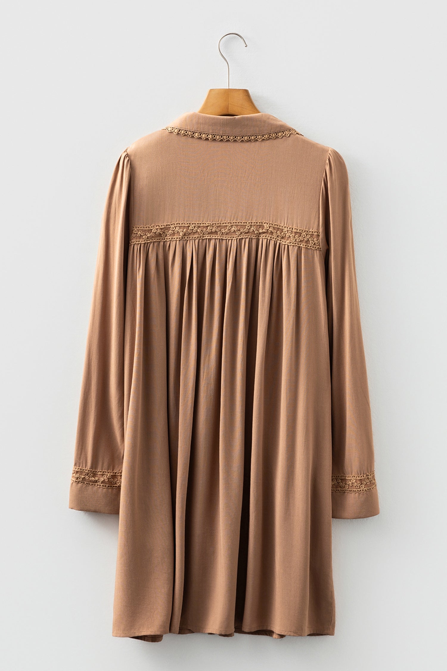 Straw Yellow Lace Trim Peter Pan Collar Long Sleeve Mini Shirt Dress-TOPS / DRESSES-[Adult]-[Female]-2022 Online Blue Zone Planet