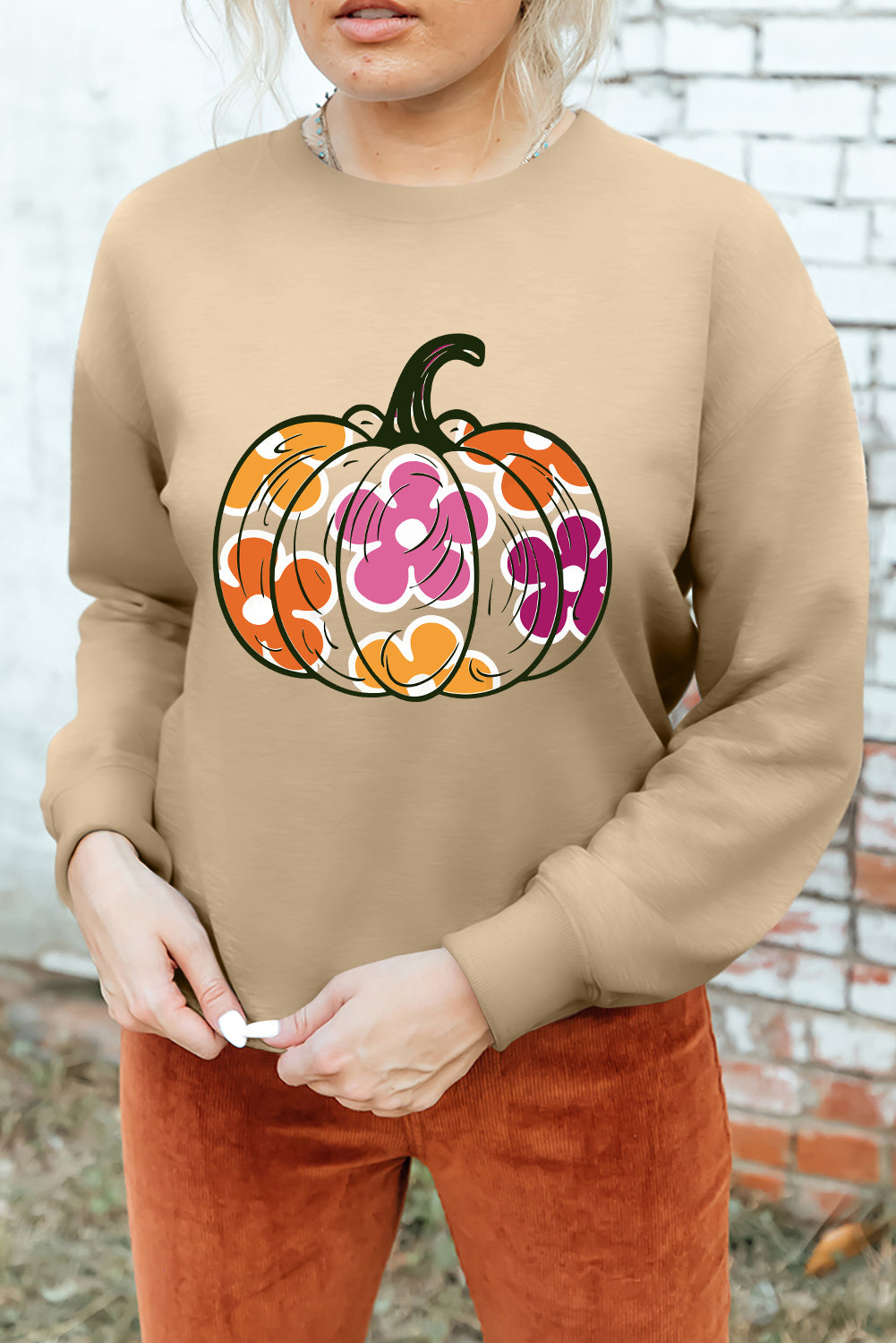 Khaki Halloween Floral Pumpkin Graphic Drop Shoulder Sweatshirt-Graphic/Graphic Sweatshirts-[Adult]-[Female]-2022 Online Blue Zone Planet