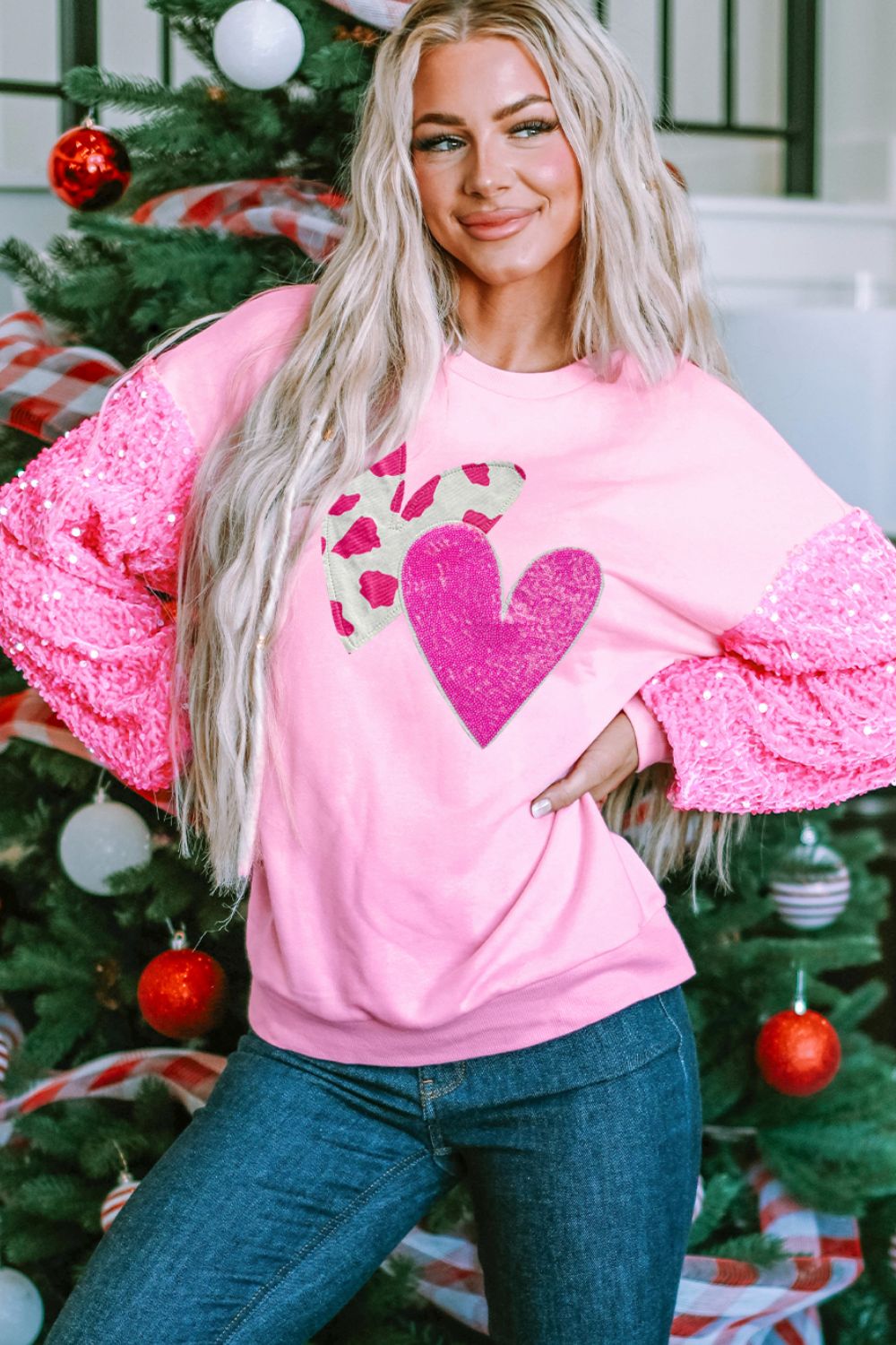 Valentine’s Day Sequin Heart Long Sleeve Sweatshirt-TOPS / DRESSES-[Adult]-[Female]-2022 Online Blue Zone Planet