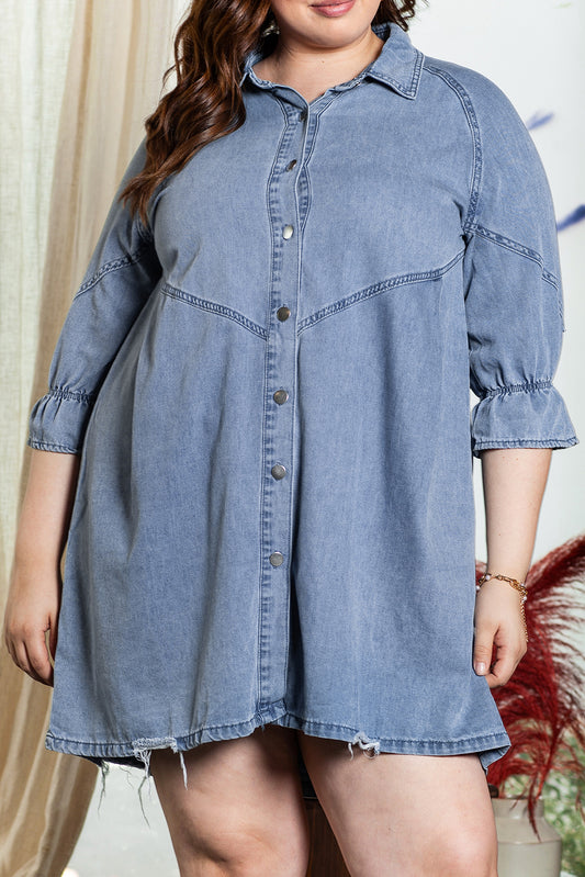 Light Blue Ruffled 3/4 Sleeve Buttoned Front Plus Size Denim Dress-TOPS / DRESSES-[Adult]-[Female]-Light Blue-1X-2022 Online Blue Zone Planet