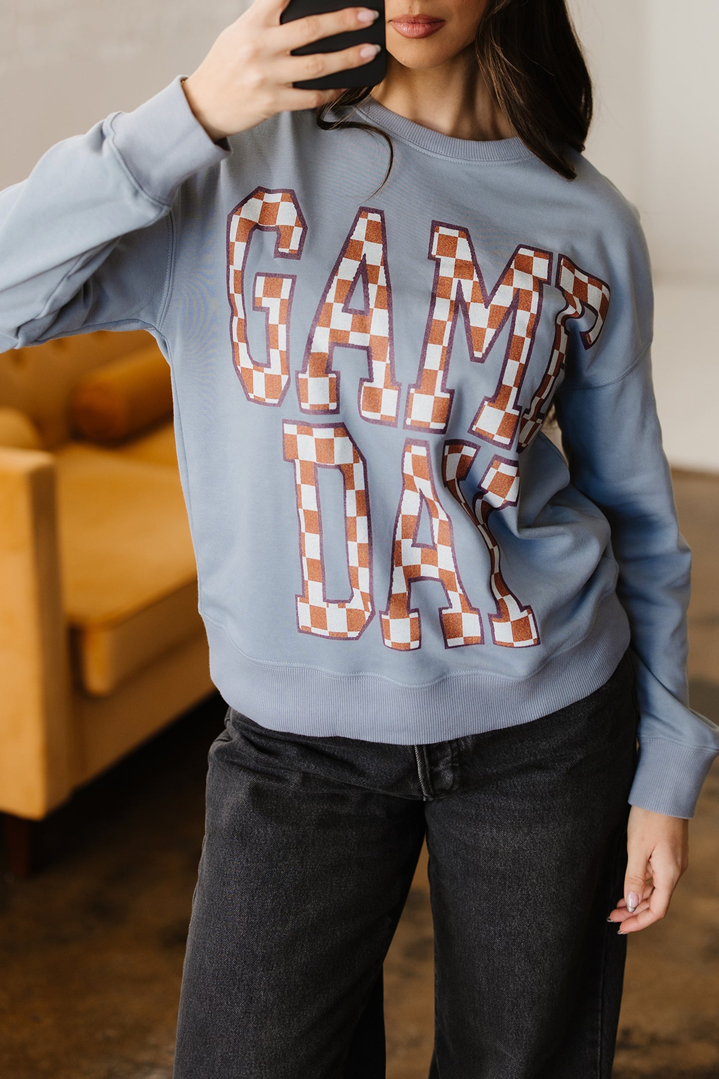 Sleet Game Day Checkered Letter Graphic Oversize Sweatshirt-Tops/Sweatshirts & Hoodies-[Adult]-[Female]-2022 Online Blue Zone Planet