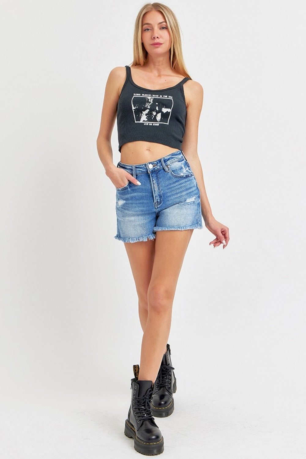 RISEN Full Size High Rise Distressed Raw Hem Denim Shorts-BOTTOMS SIZES SMALL MEDIUM LARGE-[Adult]-[Female]-2022 Online Blue Zone Planet