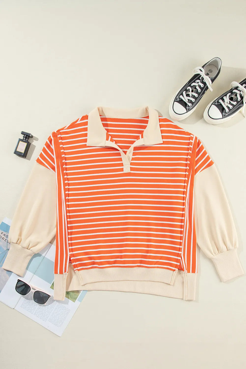 Slit Striped Long Sleeve Sweatshirt-TOPS / DRESSES-[Adult]-[Female]-2022 Online Blue Zone Planet