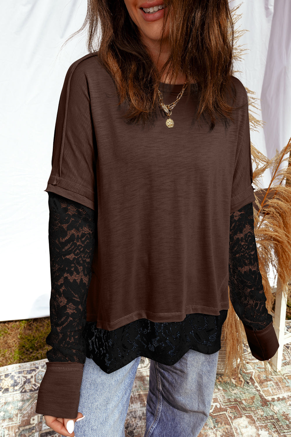 Dark Brown Sheer Lace Patchwork Casual Long Sleeve Tee-Tops/Long Sleeve Tops-[Adult]-[Female]-Dark Brown-S-2022 Online Blue Zone Planet