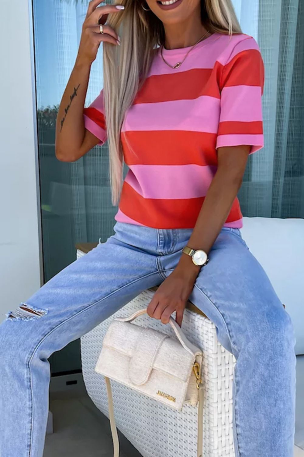 Color Block Round Neck Half Sleeve Top-TOPS / DRESSES-[Adult]-[Female]-2022 Online Blue Zone Planet