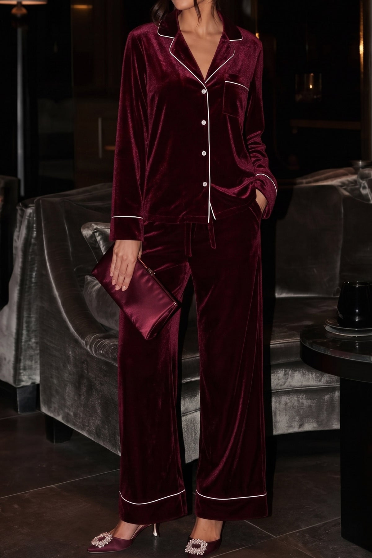 Burgundy Velvet Long Sleeve Top and Pants Two Piece Casual Lounge Set-Loungewear & Sleepwear/Loungewear-[Adult]-[Female]-2022 Online Blue Zone Planet
